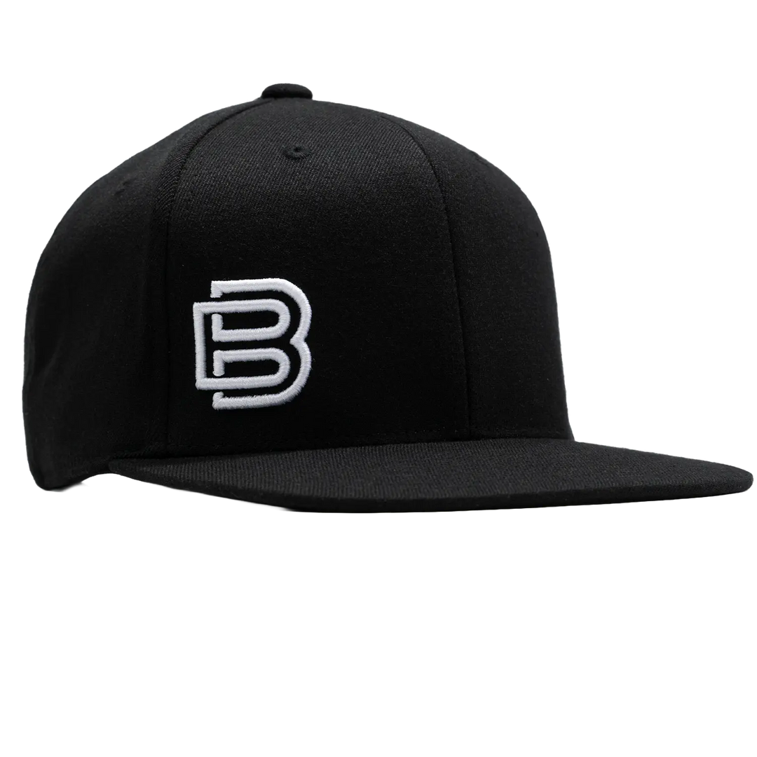 Baseline Boss Bandit black pickleball hat at 45-degree angle. Snapback cap with curved brim and embroidered logo.