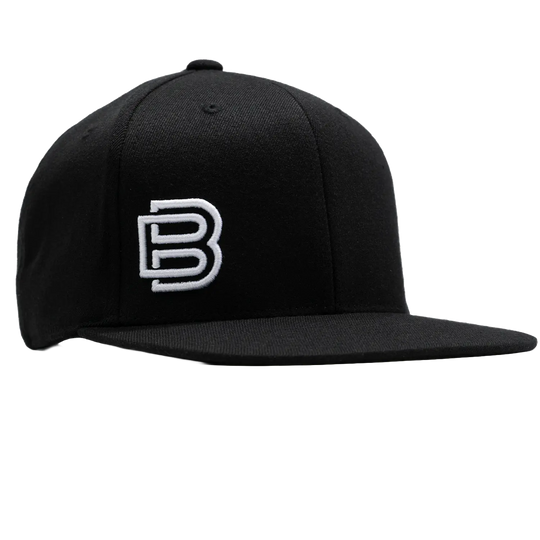 Baseline Boss Bandit black pickleball hat at 45-degree angle. Snapback cap with curved brim and embroidered logo.