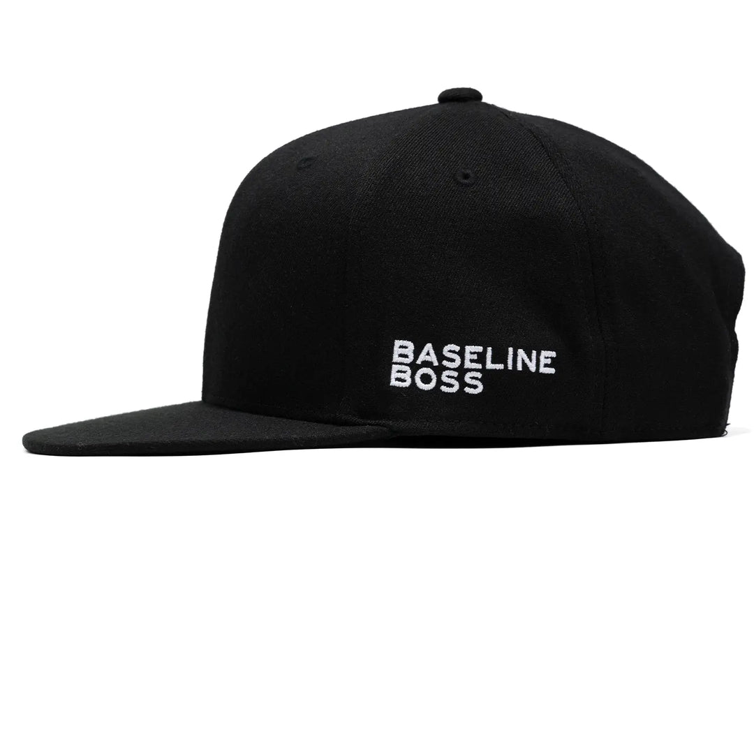 Baseline Boss Bandit black pickleball hat left profile. Snapback design with side panel and logo visible.