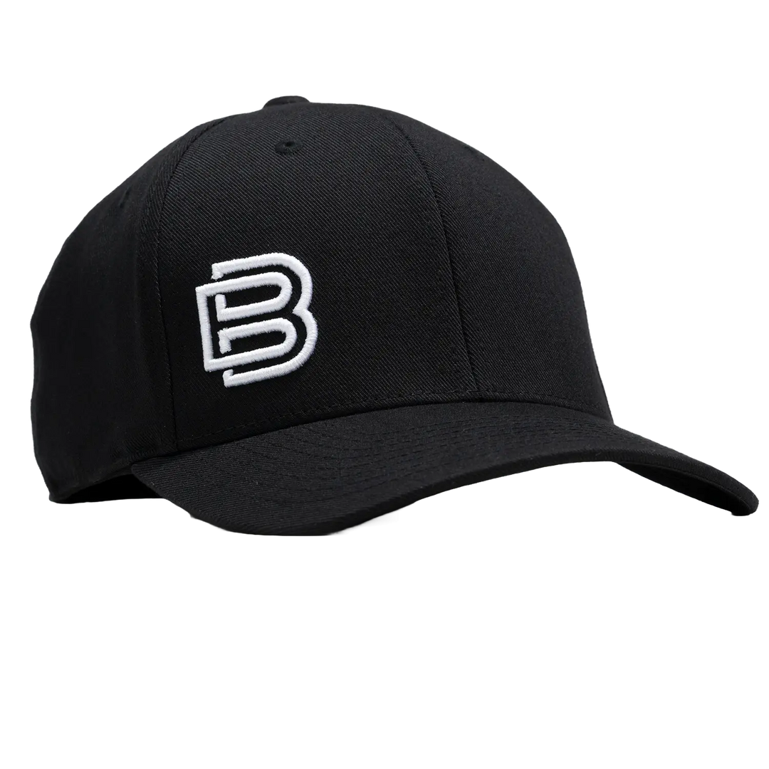 Baseline Boss Elite black pickleball hat at 45-degree angle. Premium cap with curved brim and embroidered logo.