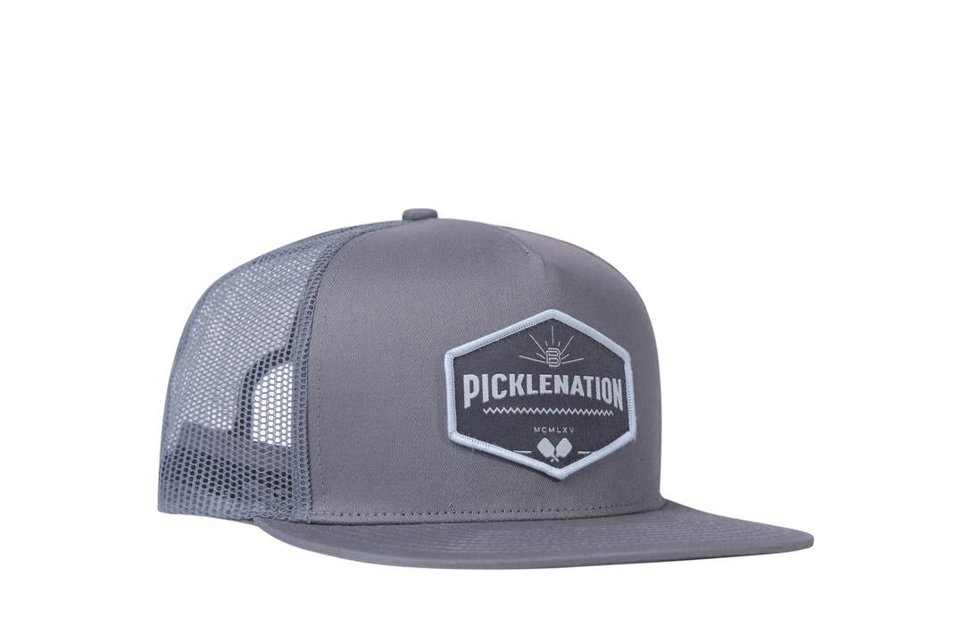 Picklenation MCMLXV grey trucker hat 45-degree angle showcasing sophisticated mesh design and heritage MCMLXV logo for picklers