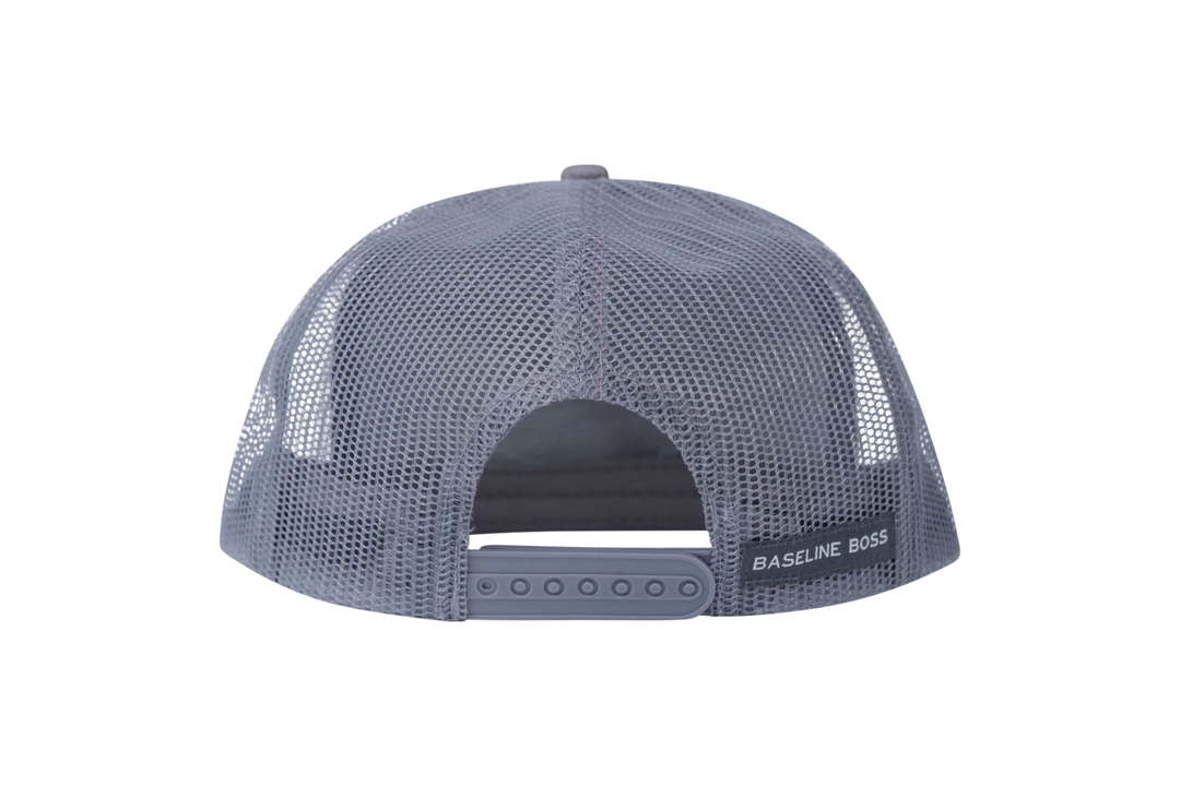 Picklenation MCMLXV grey trucker hat back view featuring breathable mesh construction and adjustable snapback for pickleball players