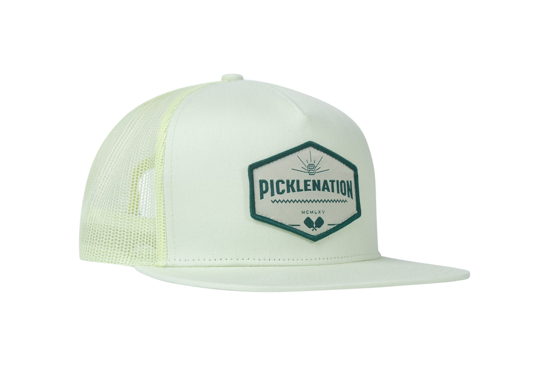 Picklenation MCMLXV lime green trucker hat 45-degree angle highlighting vibrant color and mesh back design for bold picklers