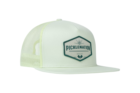 Picklenation MCMLXV lime green trucker hat 45-degree angle highlighting vibrant color and mesh back design for bold picklers
