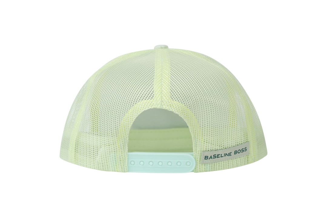Picklenation MCMLXV lime green trucker hat back view showing high-visibility mesh panels and secure snapback closure for active play