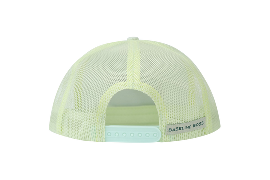 Picklenation MCMLXV lime green trucker hat back view showing high-visibility mesh panels and secure snapback closure for active play