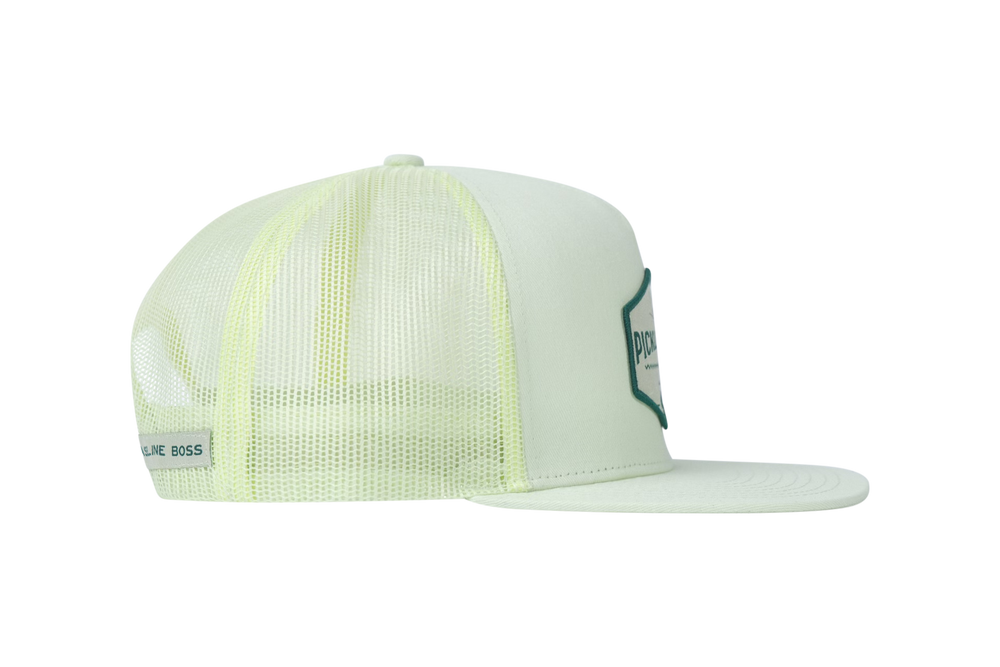 Picklenation MCMLXV lime green trucker hat side profile featuring bold colorway and structured pickleball trucker design