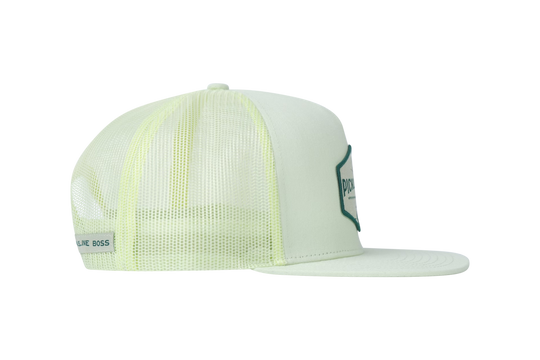 Picklenation MCMLXV lime green trucker hat side profile featuring bold colorway and structured pickleball trucker design