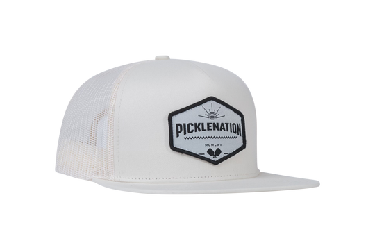 Picklenation MCMLXV white trucker hat 45-degree angle showing mesh back panels and heritage logo for pickleball players