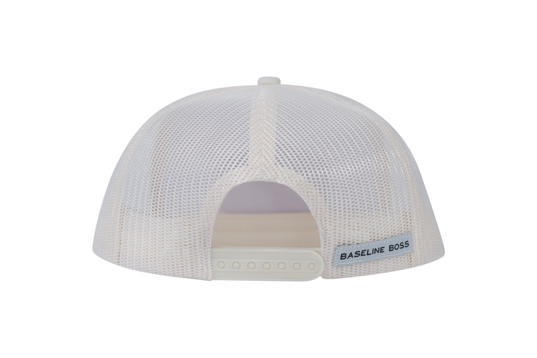 Picklenation MCMLXV white trucker hat back view displaying breathable mesh panels and snapback adjustment for pickleball comfort