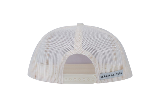 Picklenation MCMLXV white trucker hat back view displaying breathable mesh panels and snapback adjustment for pickleball comfort
