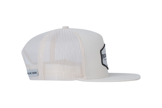 Picklenation MCMLXV white trucker hat side profile showing structured front panel and classic pickleball trucker design